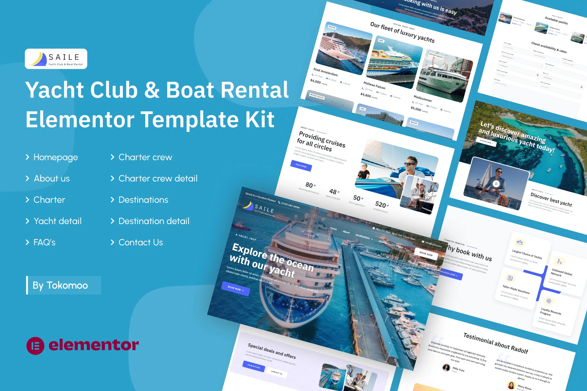 Saile is a modern and clean Elementor Template Kit that perfect for a yacht club, yachting sports, yacht rental, boat charter, marine services, marine transport company and others. This template has a professional design with a 100% responsive layout, retina-ready, and very easy to customize because using Elementor so you don’t need a single line of coding! This template kit includes 10 carefully crafted templates, you can build your professional-looking company business website just in a click away. All Features Styles and effects are created within Elementor panel, using no coding at all 10 Customizable Page Layouts 18 well-designed Sections Templates Sleek and minimalist Style Stylish colors and hues Responsive and excellent for Desktop, Laptop, and Mobile Design of All main WordPress Widgets Pixel Seamless Design Easy to Use and Modify Fully Fluid Responsive Fully Editable Symbols Responsive and professional support by dedicated team Main Features Saile offers neat, clean, and professional template to create WordPress websites. You will need Elementor Pro as the premium plugin before being able to use this webpage-building kit. The whole package includes several main features, which are: Homepage About Us Page Destinations Page Destination Detail Page Charter Page Yacht Detail Charter Crews Page Charter Crew Detail Page FAQs Page Contact Us Page Elementor Pro upgrade is required for some templates and features (not included) How to Use Template Kits: Install and Activate the "Envato Elements" plugin from Plugins > Add New in WordPress Download your kit file and Do not unzip Go to Elements > Installed Kits and click the Upload Template Kit button. You may also import automatically by clicking Connect Account to link your Elements subscription, then import under Elements > Template Kits. Check for the orange banner at the top and click Install Requirements to load any plugins the kit uses Click import on the Global Kit Styles first Click Import on one template at a time. These are stored in Elementor under Templates > Saved Templates. Go to Pages and create a new page and click Edit with Elementor Click the gear icon at lower-left of the builder to view page settings and choose Elementor Full Width and hide page title Click the gray folder icon to access My Templates tab and then Import the page you'd like to customize. If you have Elementor Pro, headers and footers may be customized under Theme Builder. Detailed Guide: https://help.market.envato.com/hc/en-us/articles/900000842846-How-to-use-the-Envato-Elements-WordPress-Plugin-v2-0 For further support, go to Elementor > Get Help in WordPress menu. This Template Kit uses demo images from Envato Elements. You will need to license these images from Envato Elements to use them on your website, or you can substitute them with your own.