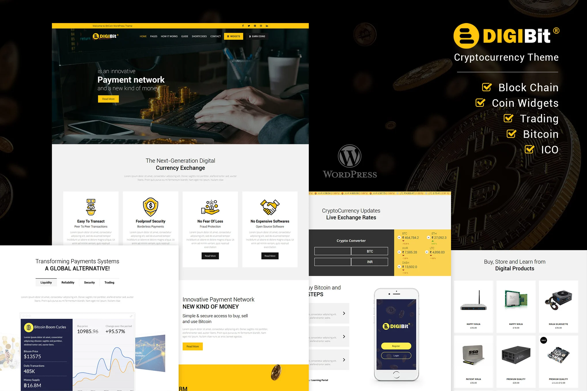 BitCoin, Crypro Currency, Mining and ICO Theme DigiBit is every inch an innovative Crupto Currency theme, that supports the emerging financial world of cryptocurrencies in general and BitCoin in particular. BITCOIN CHARTS: BitCoin charts come in 2 formats namely a simple chart and an advanced chart that gives the graph of the comparison of the BitCoin in relation to the US Dollar. The advanced chart gives the position of the ratio on a day, week, month, 3 months and 1 year as well as All. The advanced chart gives the line chart, candle and OHLC styles. PRICE LIST: The cryptocurrencies price in terms of Indian rupees, US Dollars, Euro, Japanese Yen and British Pounds as a moving ratio is provided. There is also a Tabbed pricing table with Indian rupees, US Dollars, Australian Dollars and Euro. The historical fluctuations of the price are given on a day to day basis besides the open, high, low and last price. CRYPTO CURRENCY CONVERTER: Crypto Currency converter is provided that gives the value of different BTC you would get for purchasing 1 BTC and so on. The complex comparison and exchange rates of BTC to Ethereum( ETH), Monero( XMR), Litecoin (LTC), and DASH are provided so that at any given moment your visitor can check the relative position of the value of the currency. TICKER: Finally, the Ticker feature is provided which scrolls horizontally giving the value of the various cryptocurrencies vis-à-vis, BitCoin also known as BTC. This feature much like the movement of the scrip in a Stock Exchange gives the relative up and down the value of each unit of BTC in terms of ETH, XMR, LTC, and DASH. BITCOIN CALCULATOR: Using this feature, which is very vital, one can easily know the price of 1 BTC in any currency like US dollar or Indian Rupees. The calculator as on date gives a value of Rs 576392.11 for 1 BTC. CRYPTO COMPARE: This unique widget gives the relationship between various cryptocurrencies like Quebecoin, EtherDelta, ZoomCoin, WishFinance, BosonCoin, RipOffCoin, FireCoin, Halloween Coin, Honey and CryptoFocus to name just a few! Not only that, this widget gives the relative position of the trades, analysis, markets, charts, timeline, and forums! The CryptApp is a massive storehouse of information on various topics like Coins, Exchange, Wallets, Mining, Spend, and Portfolio. Quickly get a brush up of all the concepts and values here! KEY FEATURES OF CRYPTAPP: RESPONSIVE & RETINA READY: Being a 100 % Responsive and Retina Ready theme, CryptApp will load in any device of any screen resolution in a lightning-quick manner. EASE OF CUSTOMIZATION: CryptApp theme offers outstanding features pertaining to that niche so that you need not waste any time in configuring the theme to suit your business requirements. Even without having to write a single line of code, you can configure your site effortlessly! KIRKI: Kirki is the ultimate toolkit for theme developers using the WordPress Customizer. CryptApp theme lets you take advantage of its advanced features and flexibility. Simply by abstracting the code, it is easy for everyone to design beautiful and meaningful UI. UNYSON: Unyson is a free Plugin that is easy to configure. It offers the Drag & Drop framework coming as it does with a bundle of extensions which will work on the backend real fast and easy. Using Unyson, you can create backup and import demo content besides archiving the demo content for migration. UNYSON ONE CLICK IMPORTER: If you like the demo content in CryptApp theme, no problems. You can easily import the demo content using the Unyson One Click Importer. Not only that, it saves you time as you need not create content from the scratch for your site. Your site would look exactly like the theme demo page. WP BAKERY PAGEBUILDER: Formerly known as Visual Composer, WP Baker Pagebuilder makes designing of a site into a simple Drag and Drop affair that everyone would simply love to get their hands on. Using the WYSIWYG-what you see is what you get-interface, it is a piece of cake to design your website like a professional! SLIDER REVOLUTION: Slider Revolution is an innovative, responsive WordPress Slider Plugin that displays your content the beautiful way. Whether it’s a Slider, Carousel, Hero Scene or even a whole Front Page, the visual, drag & drop editor will let you tell your own stories in no time! Build Modern & Mobile-Friendly Presentations. NO CODING NEEDED: The Drag & Drop pagebuilder makes everyone a designer without the coding know-how! The power of Visual Composer is integrated into CryptApp Theme. Create pages quickly with few clicks in few minutes with the help of Visual Composer and custom CryptApp shortcodes. DESIGNTHEMES CORE FEATURES PLUGIN: A simple WordPress Plugin designed to implement core features of DesignThemes. Version 1.0 of this Plugin is integrated into the themes by DesignThemes. This Plugin is a repertoire of all the shortcodes and custom post types by Designthemes. It is compatible with Visual Composer extensions and other third-party APIs. Therefore, designing of the layout and pages become a lot simpler with this Plugin. WOOCOMMERCE: WooCommerce is a free eCommerce plugin that allows you to sell anything, beautifully. Built to integrate seamlessly with WordPress, WooCommerce is the world’s favorite eCommerce solution that gives both store owners and developers complete control. YITH WOOCOMMERCE QUICK VIEW: When you want to have a relook at the product you have added in your shopping cart, what you do if the image is too small in the shopping cart? You can do a quick view of the product if you have installed YITH WooCommerce Quick View! YITH WOOCOMMERCE WISHLIST: This Wishlist is one of the most useful features of an e-commerce site. On one side, it encourages users to come back, allowing products tracking they consider interesting until the purchase step. On the other, if users share their Wishlist — to friends, or through social networks — this will enhance the sales and will help the promotion of your online business. YITH WOOCOMMERCE ZOOM MAGNIFIER: With YITH WooCommerce Zoom Magnifier you can add a zoom effect to all your product images and a thumbnail slider for the product image gallery. Naturally, this improves the user experience which will result in improved sales. T CONTACT FORM 7: CryptApp theme offers Contact Form 7 using which you can design as many forms with an unlimited number of input row fields in your form. You can design your own forms and limit spam and increase conversion. When you are running a site, there may be different requirements for forms to be configured from time to time. Contact Form 7 handles all. WORDPRESS IMPORTER: The WordPress Importer will import the following content from a WordPress export file: Posts, pages and other custom post types. In addition, Comments, Custom fields and post meta, Categories, tags, custom taxonomies as well as Authors and more from a WordPress export file. GOOGLE MAPS: Using the responsive style Google maps, you can easily add responsive and styled maps. The plugin allows multiple markers on each map and multiple maps in each page. Google Maps comes with a shortcode builder together with 50 colorful map styles. The shortcode is very easy to generate and the map is very easy to use. In addition, you can easily edit a previously created shortcode! THEME CHECK: A simple and easy way to test your theme for all the latest WordPress standards and practices. Theme Check is a great theme development tool, using which testing your theme and making sure it’s up to spec with the latest theme review standards is a breeze! REGENERATE THUMBNAILS: Regenerate Thumbnails lets you regenerate the thumbnails for your image attachments. This is particularly useful if you’ve changed any of your thumbnail dimensions. Or had changed to a new theme with different featured post image dimensions. You can either regenerate the thumbnails for all image uploads, individual image uploads, or specific multiple image uploads. REMOVE QUERY STRINGS FROM STATIC RESOURCES: If you are looking for WordPress Speed Optimization, Support and speed optimization are available at Speed Up My Website. This Plugin removes query strings from static resources like CSS & JS files to improve your scores in Pingdom, GTmetrix, PageSpeed, and YSlow. Using this Plugin, you can speed up your WordPress site, get better rankings on Google and improve your conversions and bring more visitors to your website. WIDGET DATA- SETTING IMPORT/EXPORT PLUGIN: This Plugin gives the user the ability to export the current widget settings and states as a JSON file. You will be then able to import those settings on a different server. Or in another installation of WordPress, so that you have the same widgets within the same sidebars after the import. In addition, it will not overwrite any data currently within the sidebars, but instead will increment the widgets and add a new instance of the widget instead. This plugin requires at least PHP 5.2.0 version. TYPOGRAPHY: With more than 600+ Google webfonts and the FontAwesome icons, you can set any color or size in your site and design your pages at will. You will become a professional designer by adding Google Fonts with typography field. In addition, you could add tooltips to help your users.